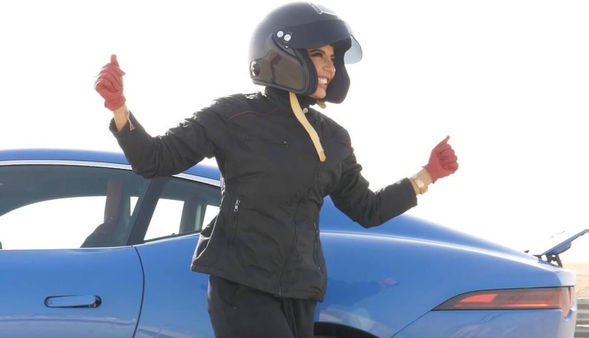 Saudi female racer Aseel Al Hamad celebrates her victory lap in a Jaguar F-TYPE to mark the end of the ban on women drivers_1.jpg