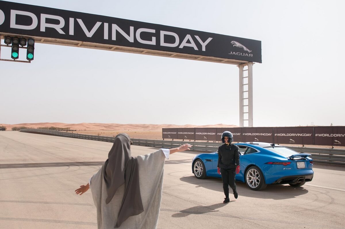 Saudi racing driver, Aseel Al Hamad celebrates the end of the ban on women drivers and the launch of World Driving Day with a lap of honour in a Jaguar F-TYPE.jpg