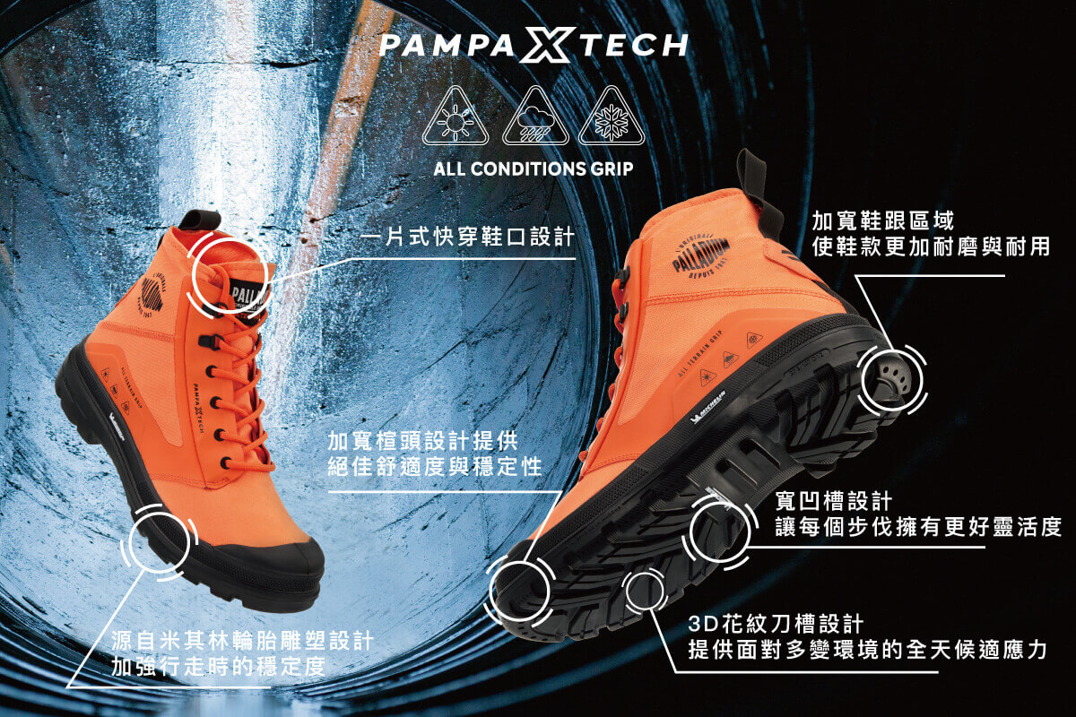 02. 「PAMPA X TECH WP+」延續了PALLADIUM經典的橘標防水性能與MICHELIN米其林輪胎科技， 從鞋口至鞋底，整雙靴款搭載了滿滿重點機能科技。.jpg