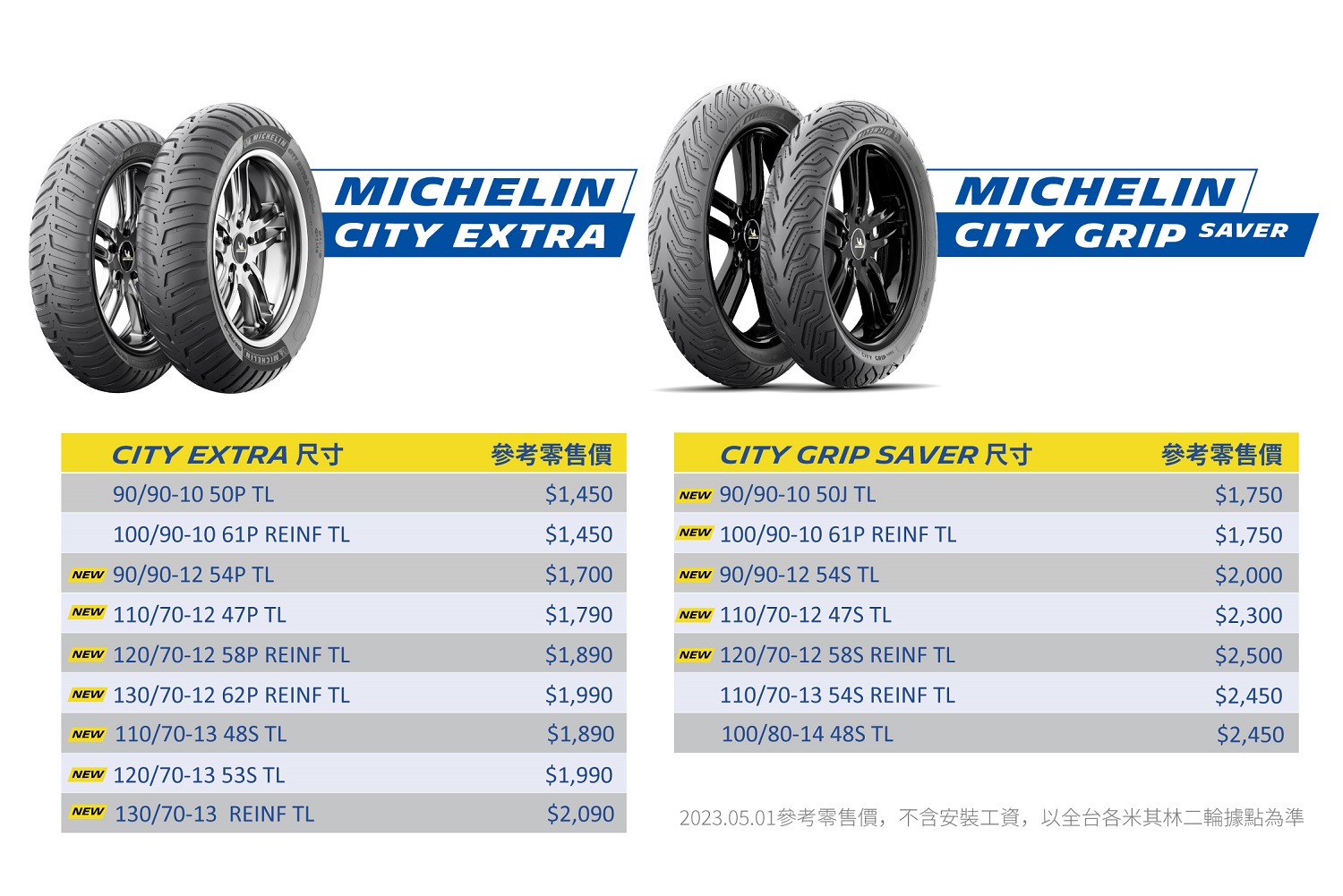 (圖4)米其林速克達機車輪胎City Extra正式在台上市，供應尺寸為台灣最普及的10 ~13吋，此外，為台灣電動速克達而設計的City Grip Saver也同時宣布提供新尺寸.jpg
