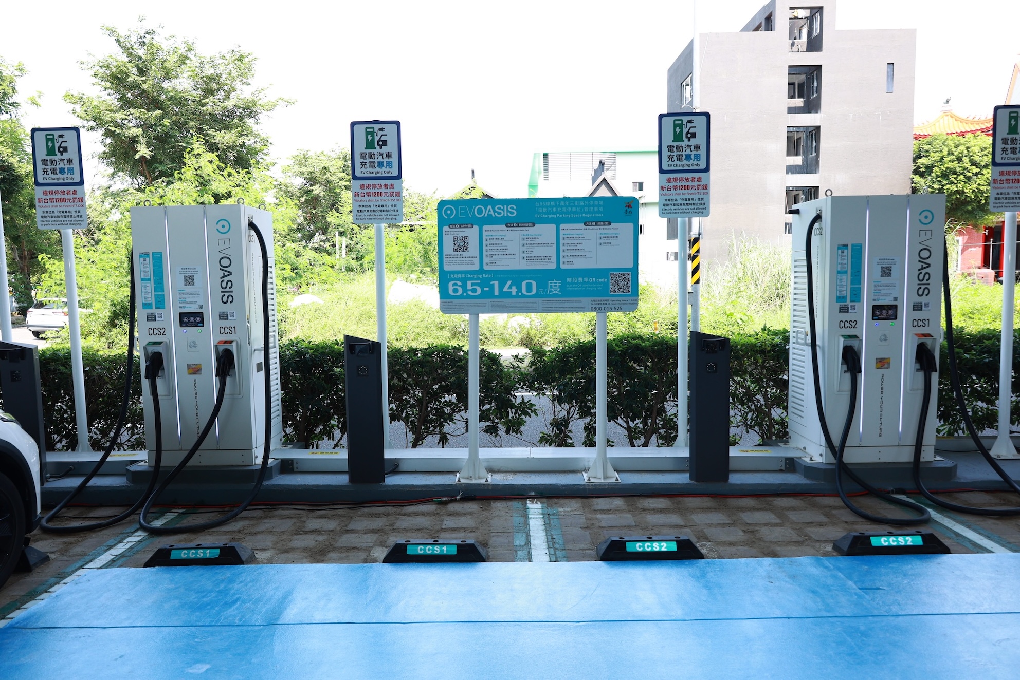圖說二：EVOASIS臺南市快充站建置專案首批 6 站 18 槍 180kW 上線，全案於 7 大要道佈建 22 槍，據點多在主幹道與熱門精華區無閘門公有停車場，「走到哪、充到哪」。.JPG